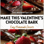 Close-up of Valentine’s Strawberry Nutella Dark Chocolate Bark topped with fresh strawberries and swirls of creamy chocolate yogurt.